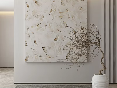 Abstract White Canvas Painting With Gold Patterns And Decorative Branch In Vase 3d model