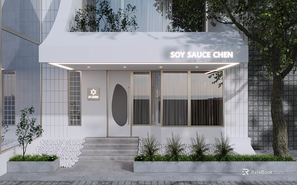 Soy Sauce Chen White Storefront With Awning Glass Windows Steps And Plant Decorations 3d model 