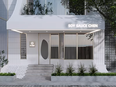 Soy Sauce Chen White Storefront With Awning Glass Windows Steps And Plant Decorations 3d model