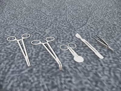 Silver Medical Instruments With Scissors Forceps And Scalpel On Gray Textured Surface 3d model