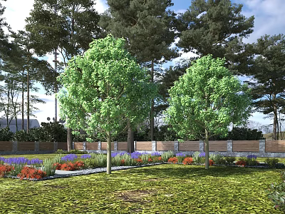 Two Vibrant Arbors In Garden With Green Grassland Colorful Flowers Wooden Fence And Surrounding Trees 3d model