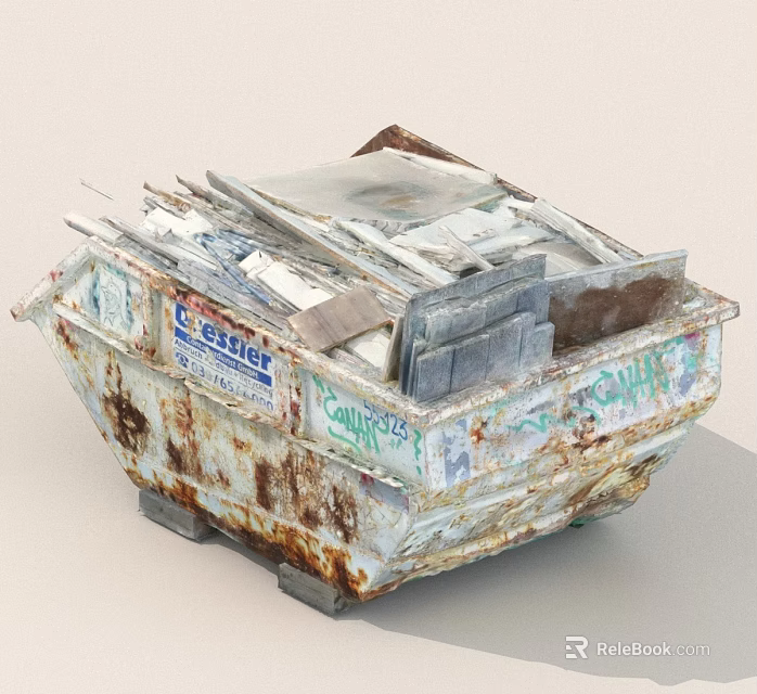 Rusty Dumpster Filled With Paper Wood Debris And Graffiti On Sides 3d model 