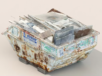 Rusty Dumpster Filled With Paper Wood Debris And Graffiti On Sides 3d model