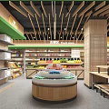 Modern Grocery Supermarket Interior Featuring Snack Area Wooden Shelves And Assorted Products