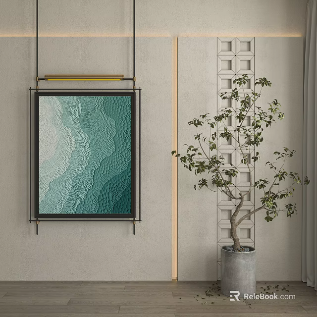 Minimalist Landscape Painting With Teal White Wavy Texture And Potted Plant On Wall 3d model 