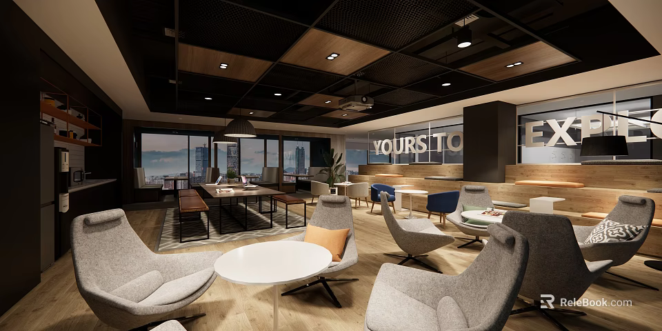 Modern Lounge Area Interior With Cozy Chairs Coffee Tables And Large Windows 3d model 