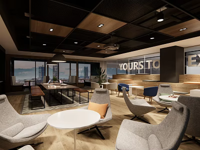 Modern Lounge Area Interior With Cozy Chairs Coffee Tables And Large Windows 3d model