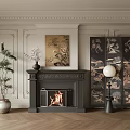 Classical Light Paneled Background Wall with Fireplace Artwork Decorative Screen and Floor Lamp 3d model