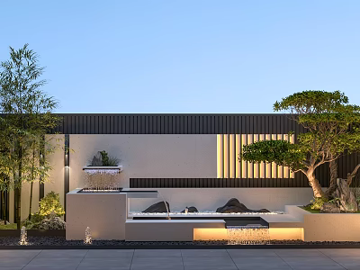 Modern Outdoor Courtyard Design With Water Fountain Green Plants And Decorative Wall 3d model