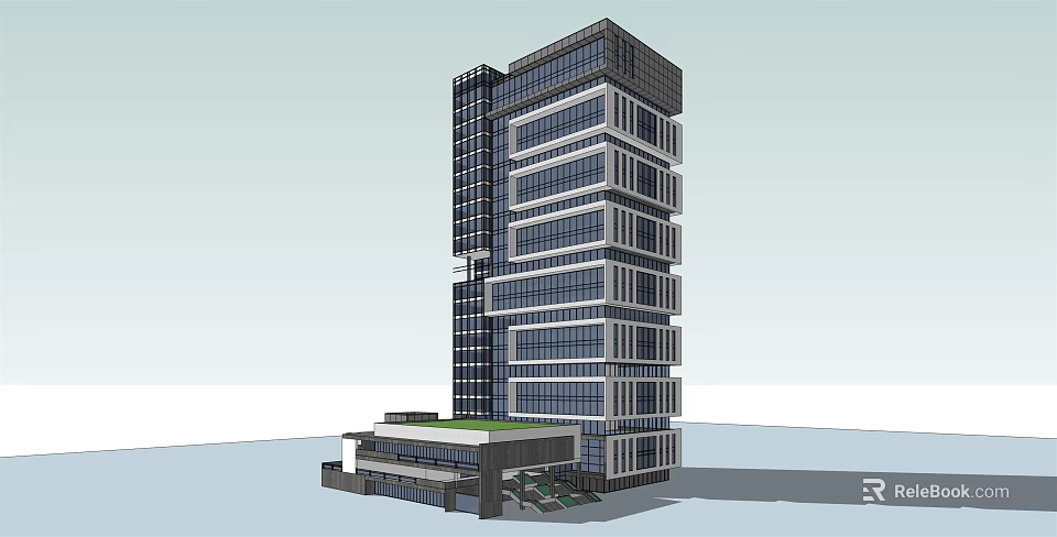 Modern High Rise Office Building With Glass Curtain Wall And Green Roof Design 3d model 