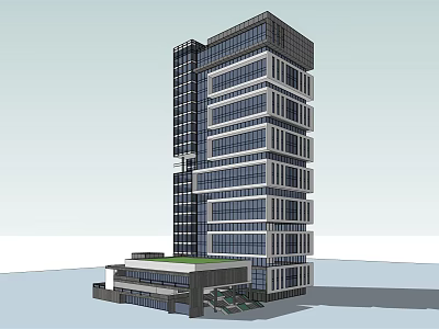 Modern High Rise Office Building With Glass Curtain Wall And Green Roof Design 3d model