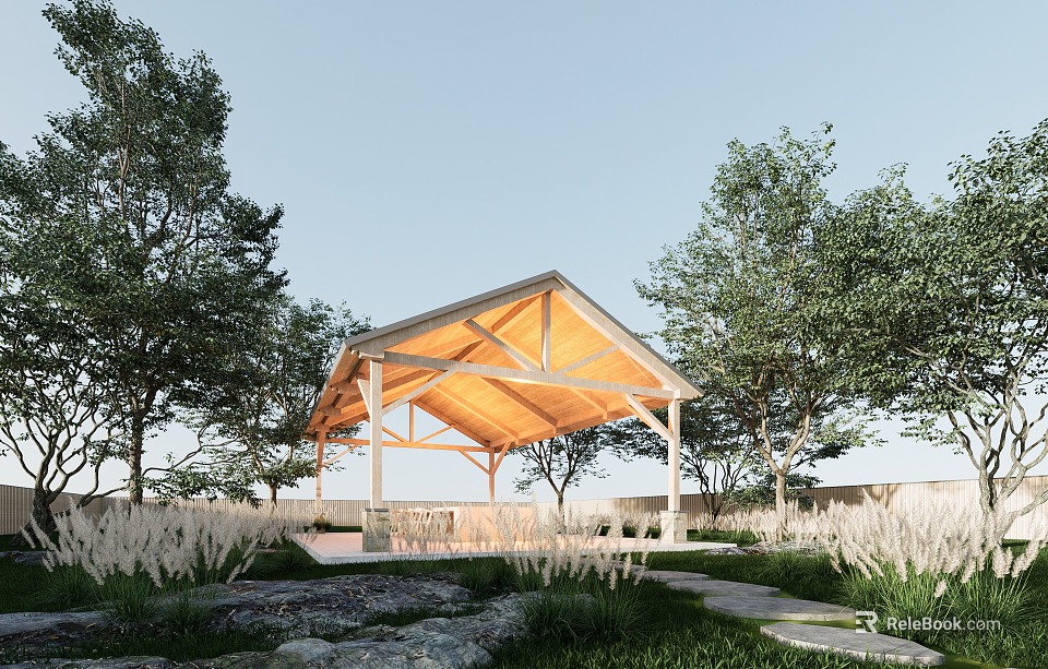 Open Wooden Garden Pavilion Surrounded by Green Trees Lush Grass and Stone Pathway 3d model 