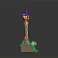 Colorful Decorative Tower Model With Purple Spire Red Body Green Vines And Grass Base