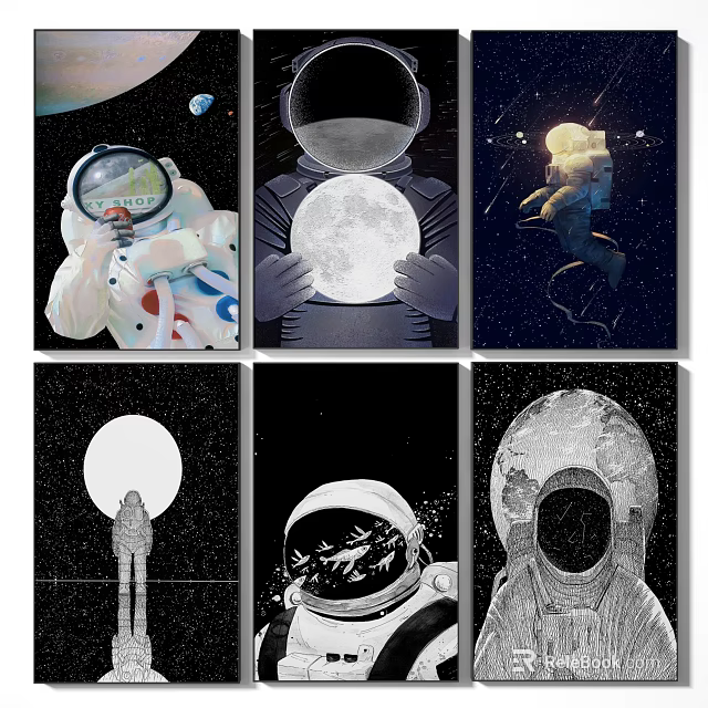 Astronaut Moon Space Artwork Collection With Starry Sky And Earth Elements 3d model