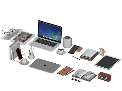 Organized Work Desk With Laptop Tablet Books Glasses Coffee Cup And Clock 3d model