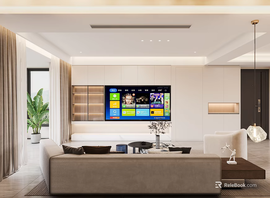 Modern Living Room Interior Design With TV Sofa And Green Plants 3d model 