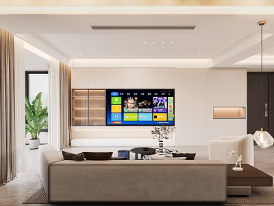 Modern Living Room Interior Design With TV Sofa And Green Plants 3d model