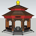 Chinese Style Garden Ornament With Red Roof Golden Decorations Yellow Spherical Top And Wooden Seats