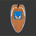 Colorful Wooden Boat with Orange Deck Blue Upper Structure Red Hull Lifesaver and Flag Mast