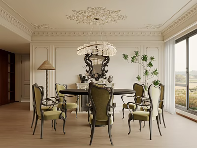 Elegant Dining Room with Ornate Ceiling Chandelier Table Chairs and Floor to Ceiling Windows Plants 3d model