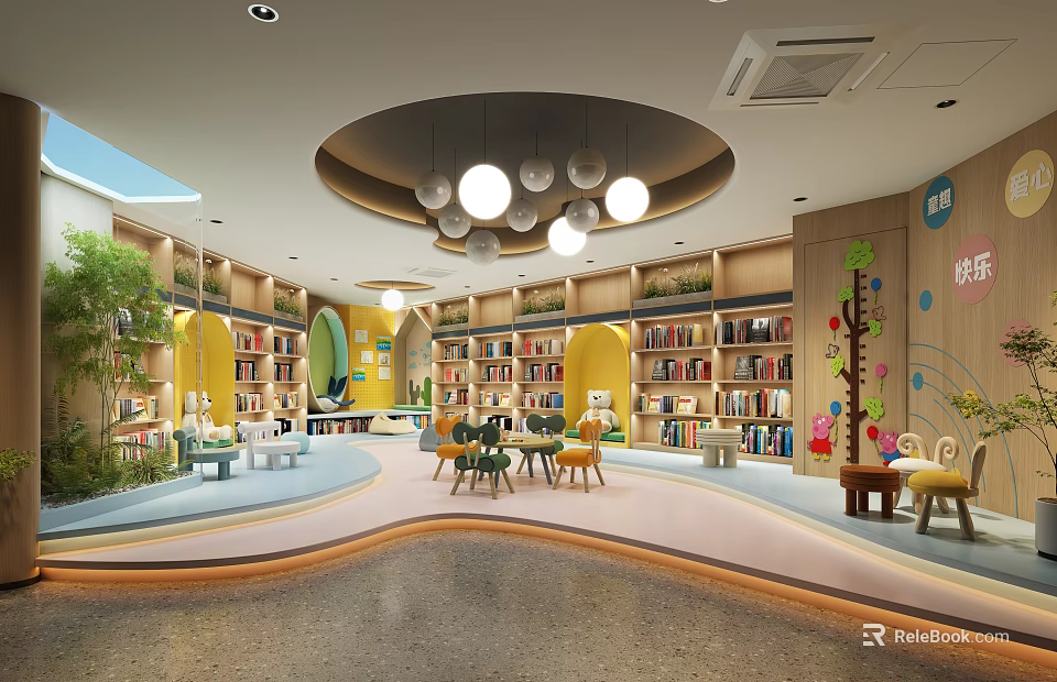 Artistic Children's Library Interior With Bookshelves And Decor 3d model 
