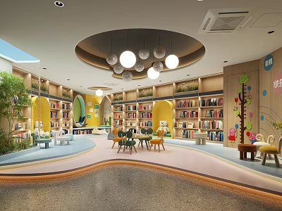 Artistic Children's Library Interior With Bookshelves And Decor 3d model
