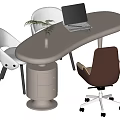 Modern Curved Office Desk With Laptop Plant White Chairs Brown Chair And Drawer Cabinet