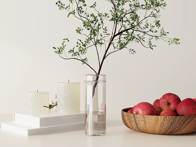 Decorative Ornament Collection With Glass Vase Leaf Branch White Candles Books Wooden Bowl Red Apples 3d model