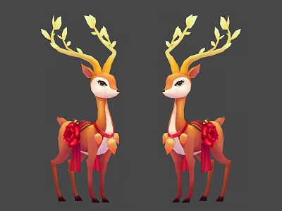 Game Movie Character Two Deer With Golden Antlers Leaves And Red Decorations 3d model