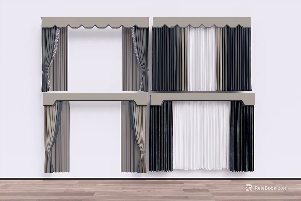 Modern Double Layer Curtains in Black White Gray for Home Window Decor 3d model 