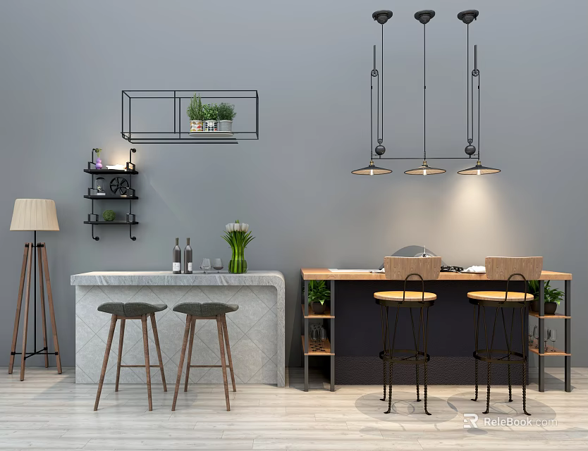 Contemporary Bar Counter Interior Design With Marble Top Pendant Lights Wooden Stools And Potted Plants 3d model 