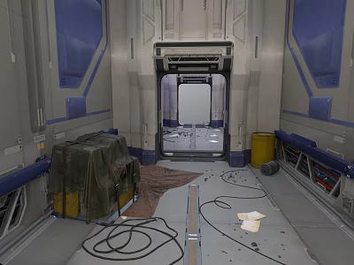 Sci-Fi Spaceship Corridor Interior With Metal Door Cables Yellow Barrel And Green Containers 3d model