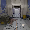 Sci-Fi Spaceship Corridor Interior With Metal Door Cables Yellow Barrel And Green Containers