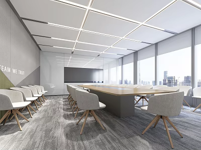 Modern Conference Room Interior Design With Long Table Chairs And Large Windows 3d model