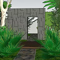 Garden Ornamental Design with Stone Path Wooden Walkway Palm Tree and Lush Plants