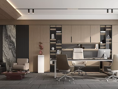 Modern Office Interior Design With Executive Desk Leather Chair And Wall Bookshelf 3d model