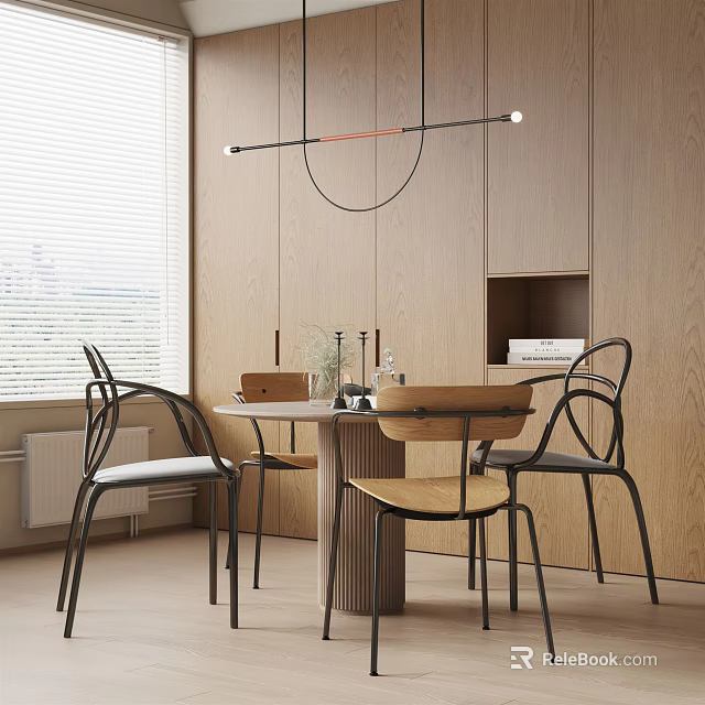Modern Round Dining Table Set With Metal Frame Chairs And Hanging Chandelier By Wooden Cabinets 3d model 
