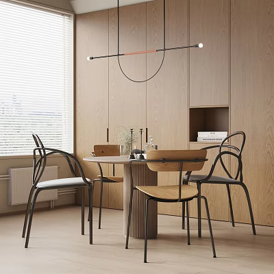 Modern Round Dining Table Set With Metal Frame Chairs And Hanging Chandelier By Wooden Cabinets 3d model