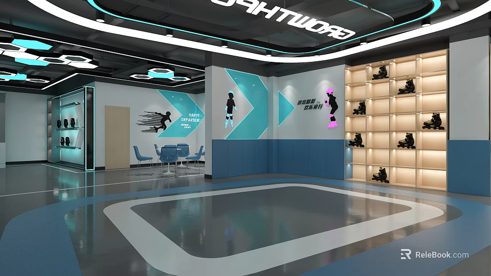 Modern Sports Shoe Specialty Store Interior With Altitude Sign Shelves And Seating Area 3d model 
