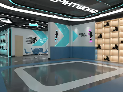 Modern Sports Shoe Specialty Store Interior With Altitude Sign Shelves And Seating Area 3d model