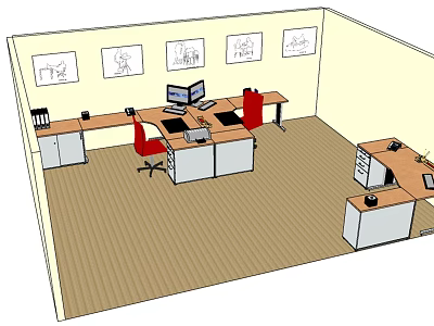 Modern Office Desk Setup with Computer Monitors Red Chairs Wall Art and File Cabinets 3d model