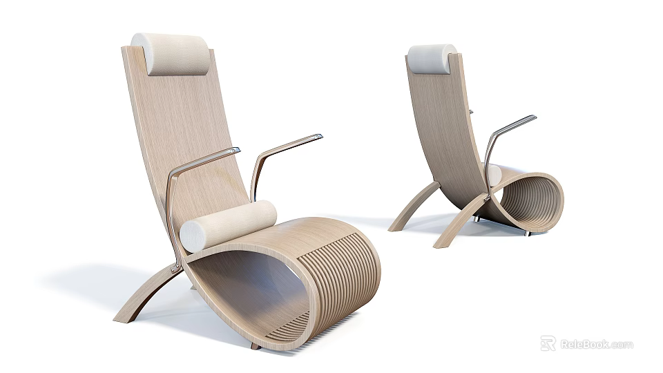 Modern Wooden Leisure Chair With Curved Structure Armrests And Light Colored Cushions 3d model 