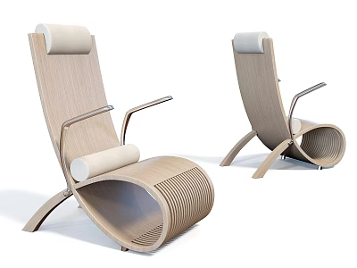 Modern Wooden Leisure Chair With Curved Structure Armrests And Light Colored Cushions 3d model