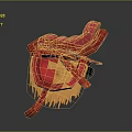 Red Leather Saddle With Yellow Fringe And Straps As Practical Household Item