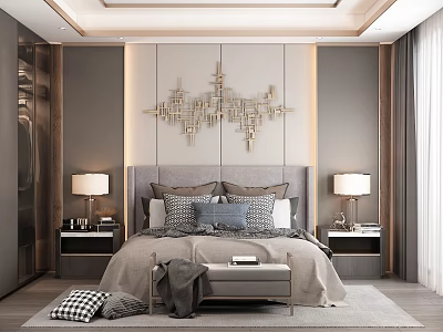 Elegant Modern Bedroom Interior Design With Geometric Wall Art Nightstands Table Lamps And Pillows 3d model