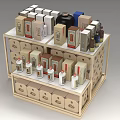 Wooden Multi Tiered Liquor Cabinet Displaying Various Bottles And Boxes 3d model