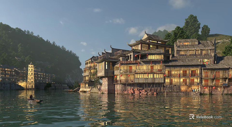 Traditional Ancient Architecture By The Water And Scenery 3d model