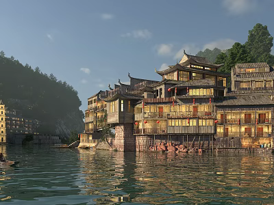Traditional Ancient Architecture By The Water And Scenery 3d model