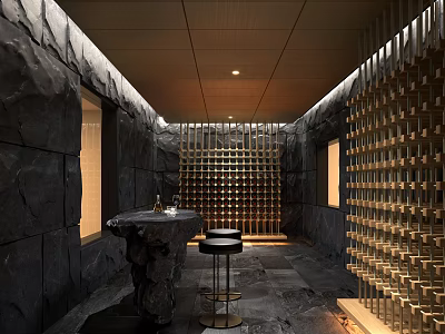 Modern Wine Cellar Interior With Rock Walls Wine Racks And Bar Stools 3d model
