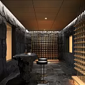 Modern Wine Cellar Interior With Rock Walls Wine Racks And Bar Stools 3d model